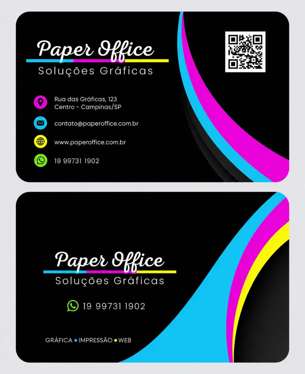 Cartão de visita preto com detalhes em ciano, magenta e amarelo, frente e verso, impresso pela Paper Office
