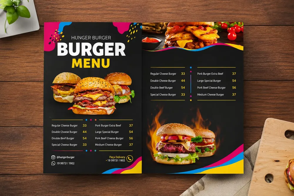 Cardápio de hamburgueria impresso em folder com uma dobra, frente e verso coloridos, produzido pela Paper Office em Campinas